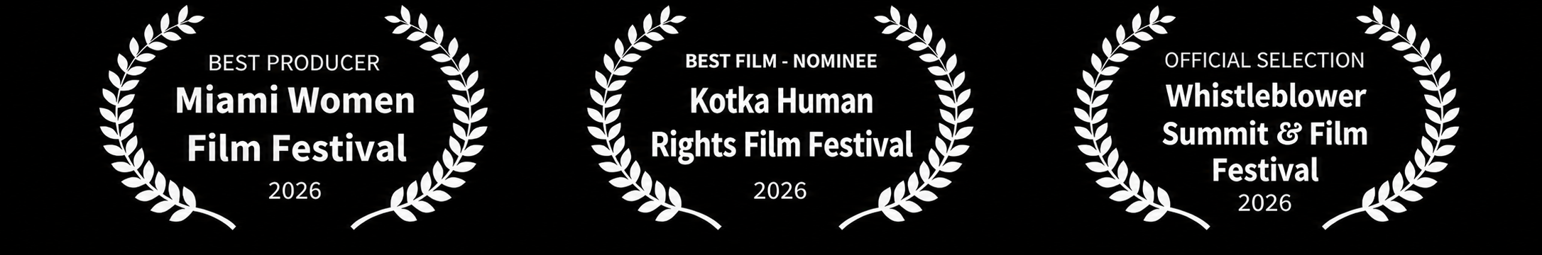 Film festival awards: Miami Women Film Festival Best Producer 2026, Kotka Human Rights Film Festival Best Film Nominee 2026, and Whistleblower Summit & Film Festival Official Selection 2026
